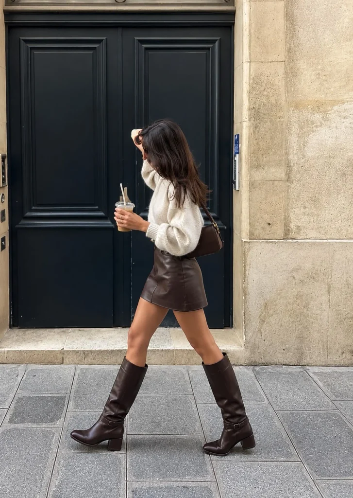 Leather mini skirt and soft sweater with dark brown knee high boots