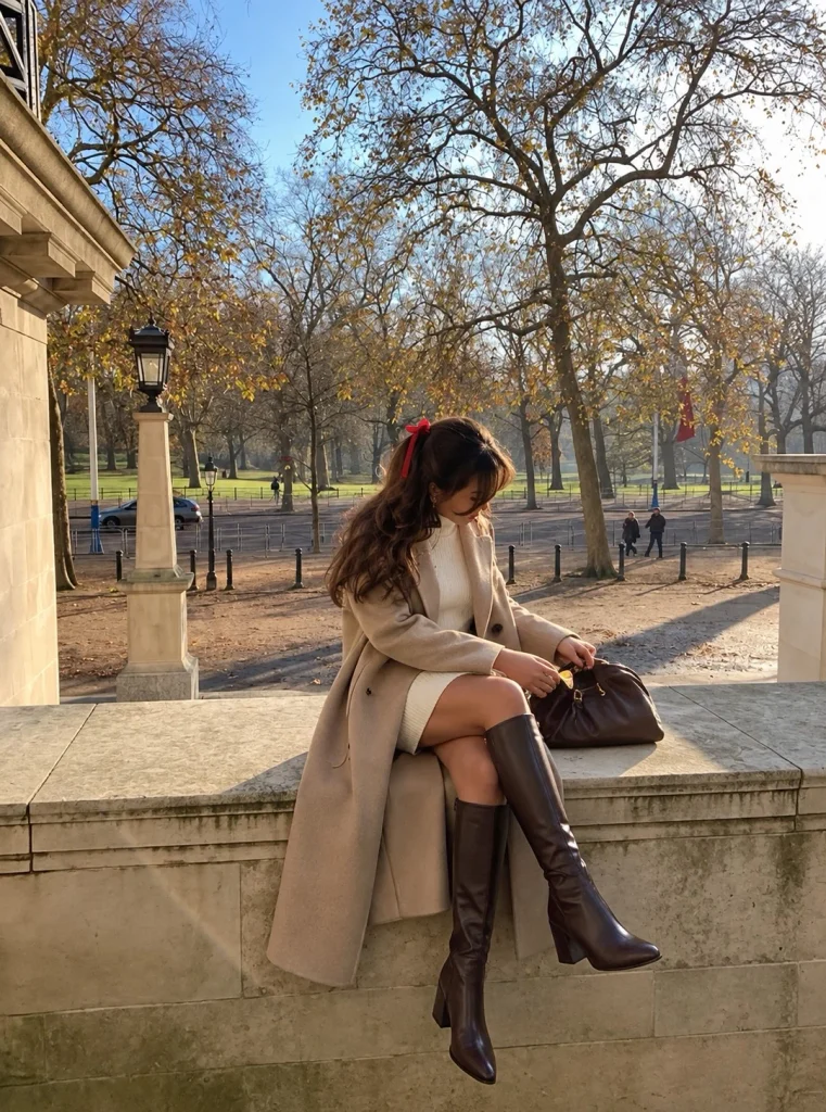 Long coat and mini dress with dark brown knee high boots