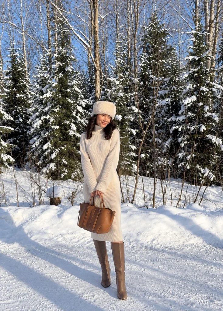 Woman wearing a long-sleeve midi dress and under knee boots