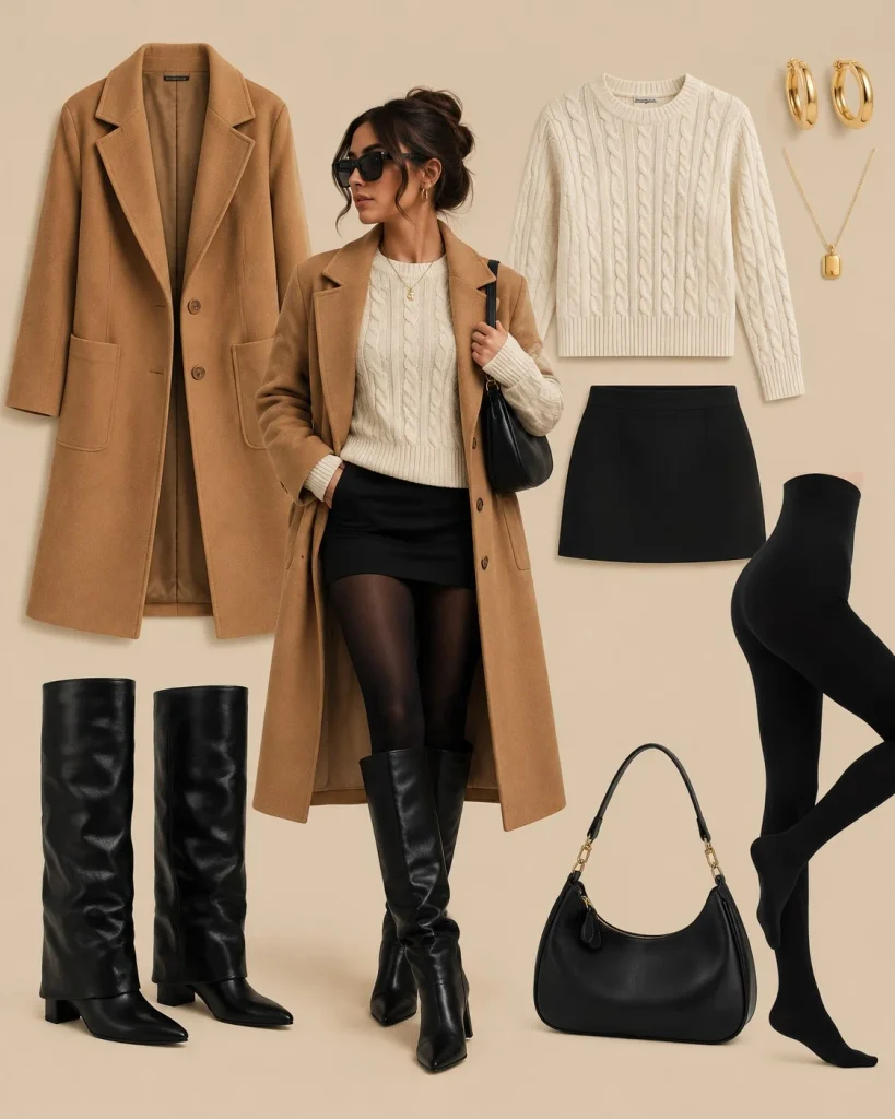 Woman wearing a mini skirt, black opaque tights, and under knee boots