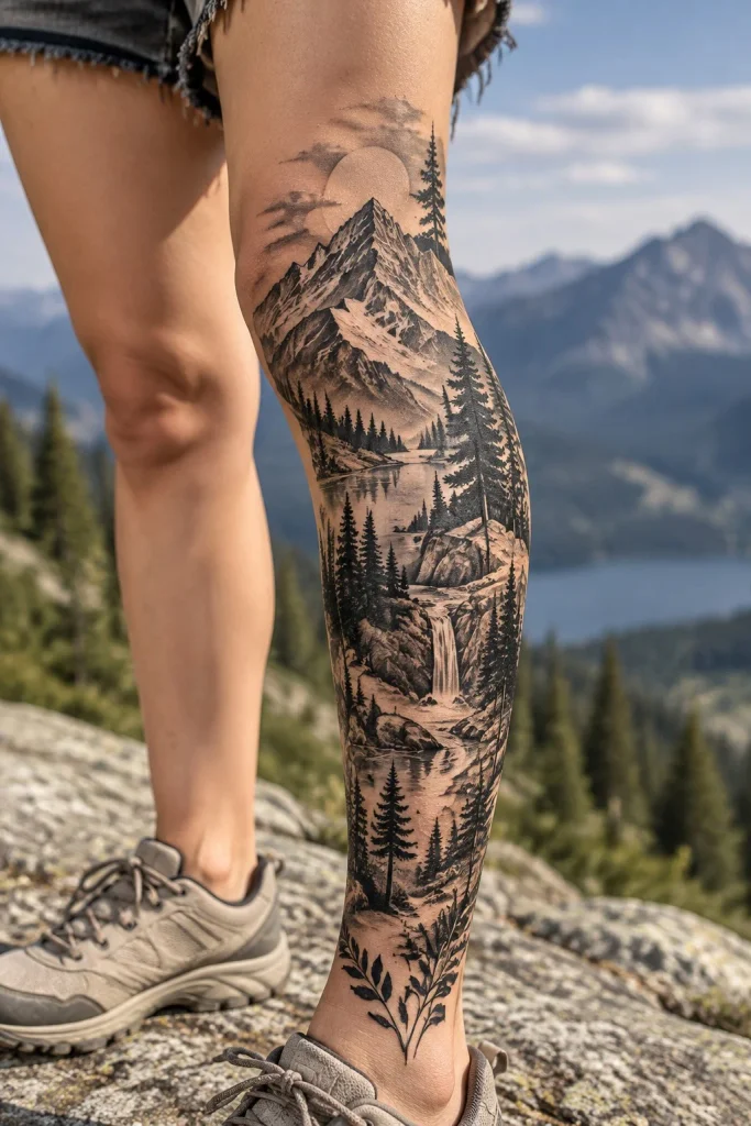 Mountain and forest half leg tattoo for women with a detailed nature scene