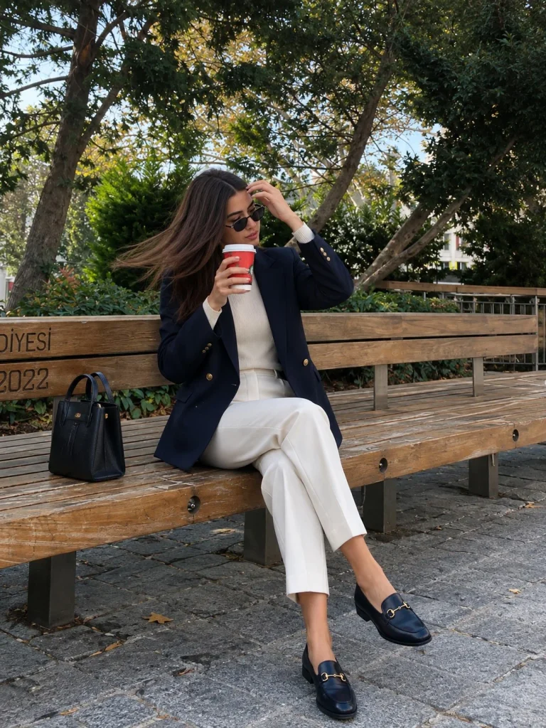 Navy blazer with fine-knit sweater, cropped trousers, and loafers