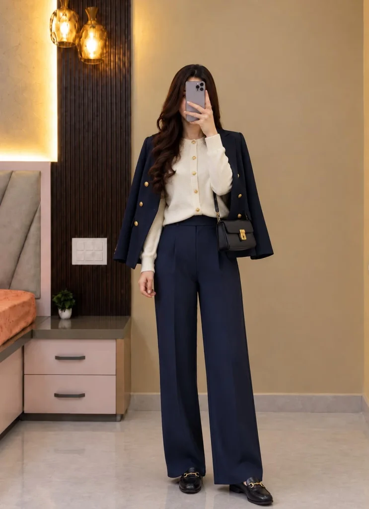 Navy pleated slacks with cream cardigan and slingback flats