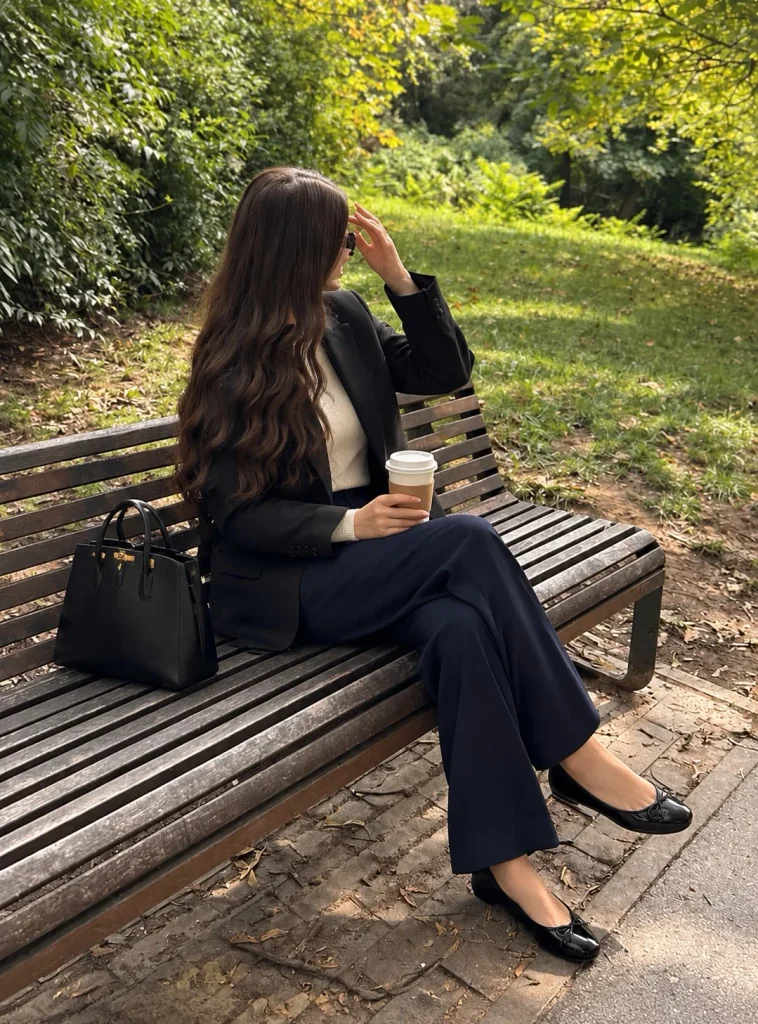Navy slacks with black blazer fine-knit top and ballet flats