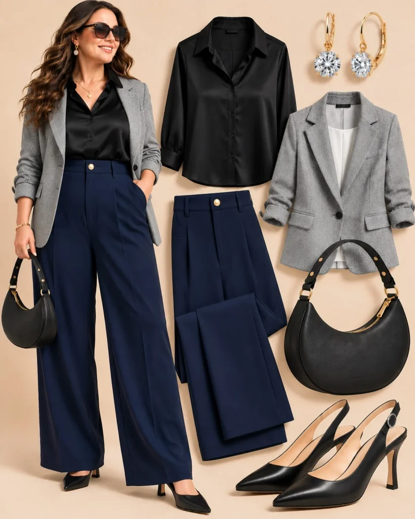 Navy slacks with black satin blouse tailored blazer and black heels