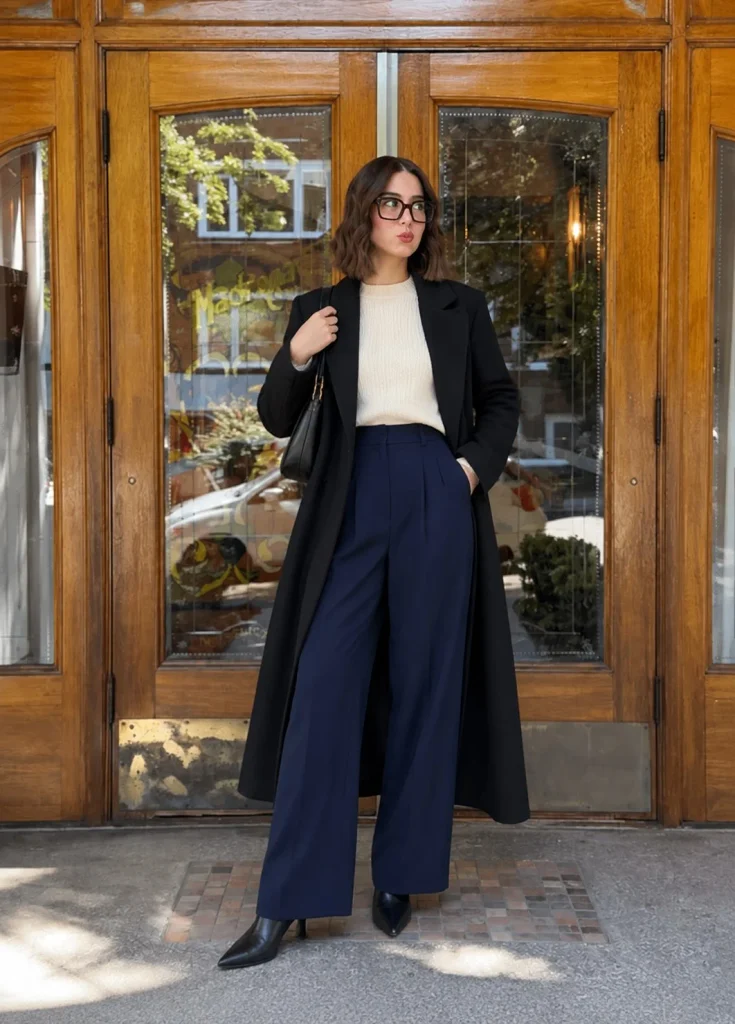 Navy slacks with cream knit top long black coat and pointed-toe boots