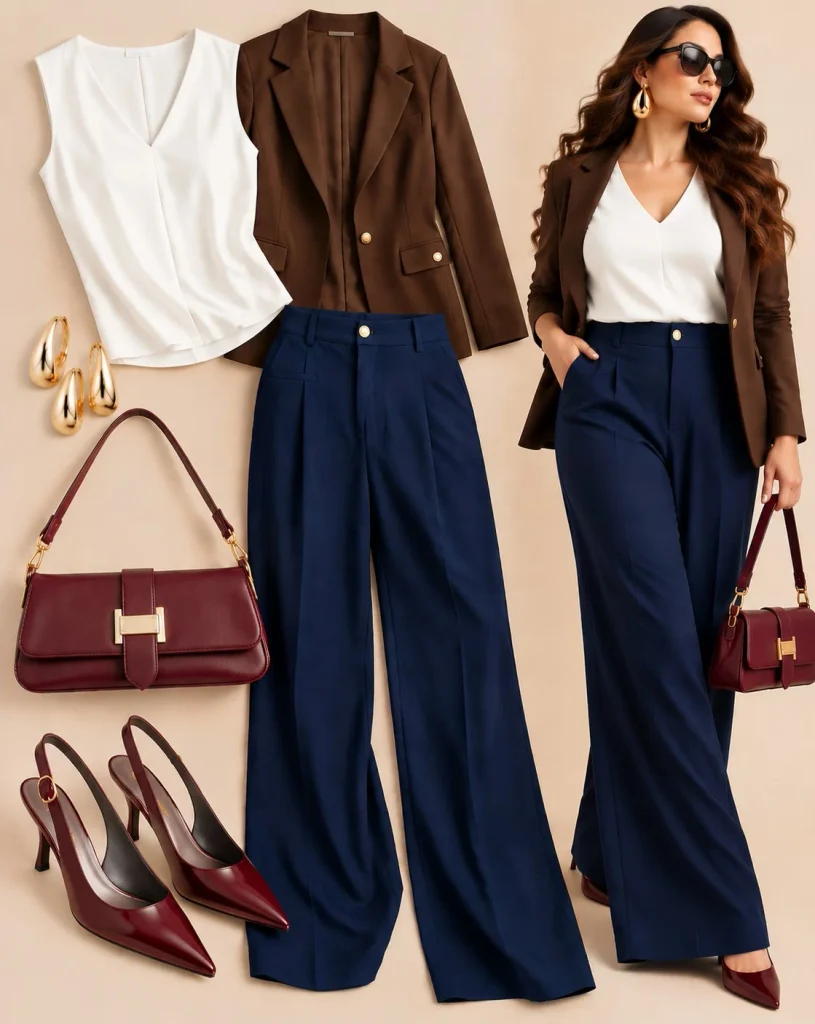 Navy slacks with ivory silk blouse brown blazer and pointed-toe pumps