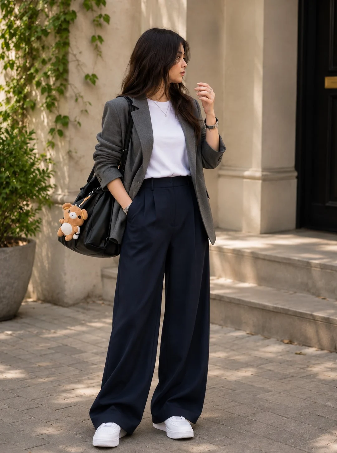 Navy slacks with white T-shirt gray blazer and white sneakers