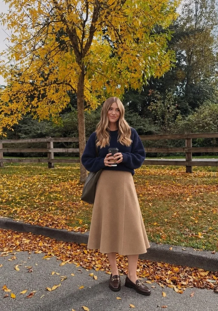 Woman wearing a navy sweater with a camel A-line midi skirt and loafers