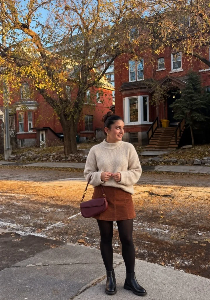 Woman wearing an oatmeal sweater with a rust suede mini skirt, tights, and Chelsea boots