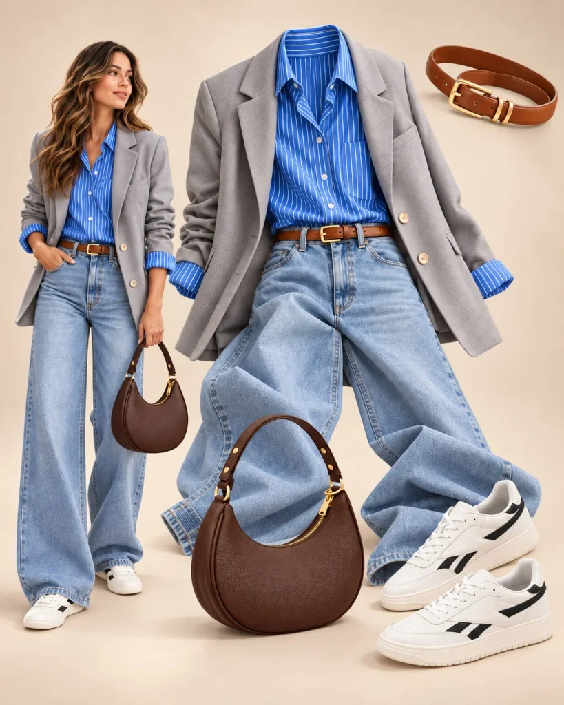 Oversized blazer with striped shirt, relaxed jeans, and sneakers
