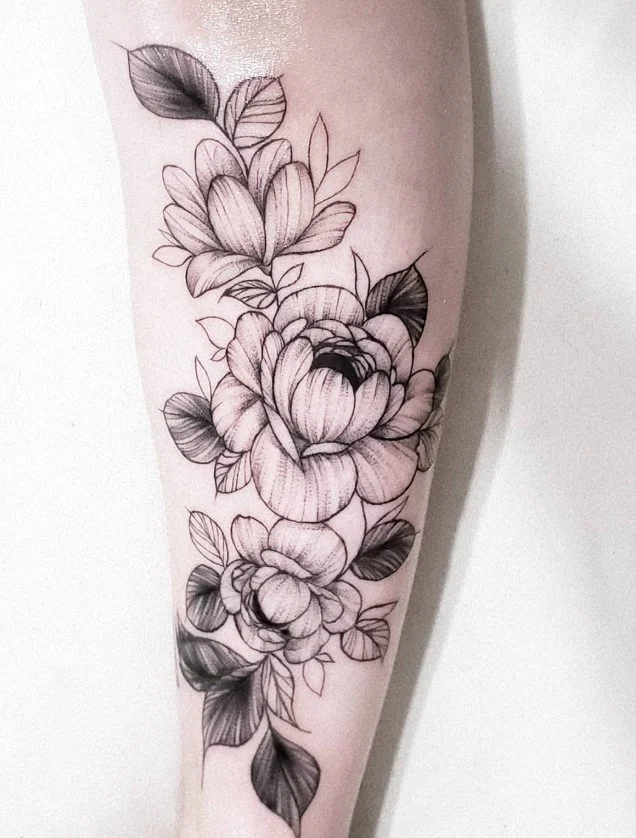 Peony and rose half leg tattoo for women with large detailed flowers