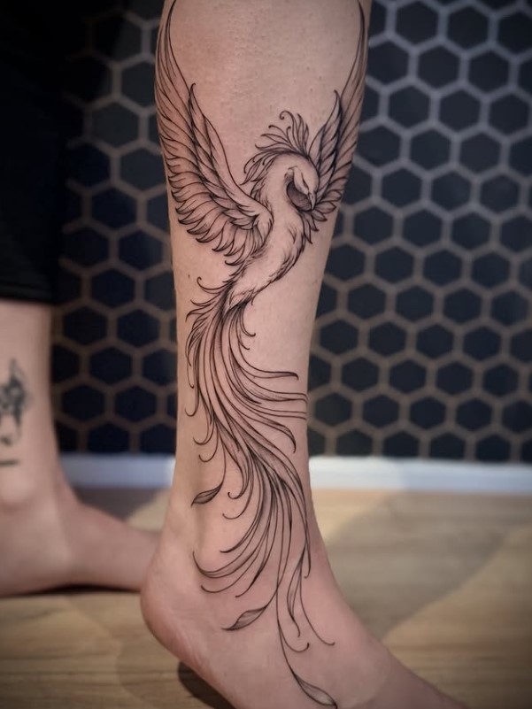Phoenix half leg tattoo for women with flowing wings and feathers
