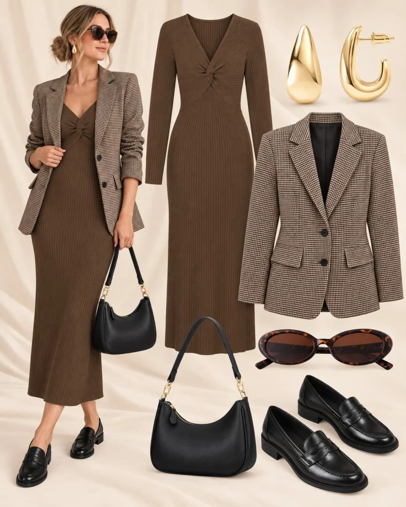 Plaid blazer with sweater dress and loafers