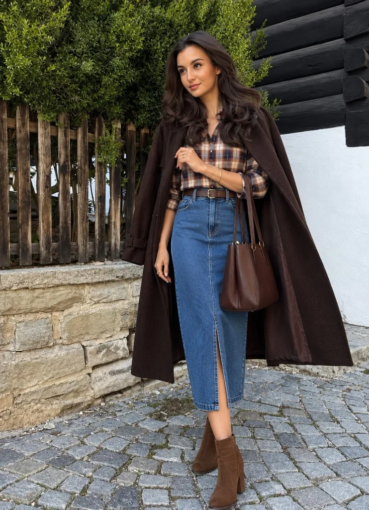 Plaid button-down with a denim skirt and ankle boots for fall
