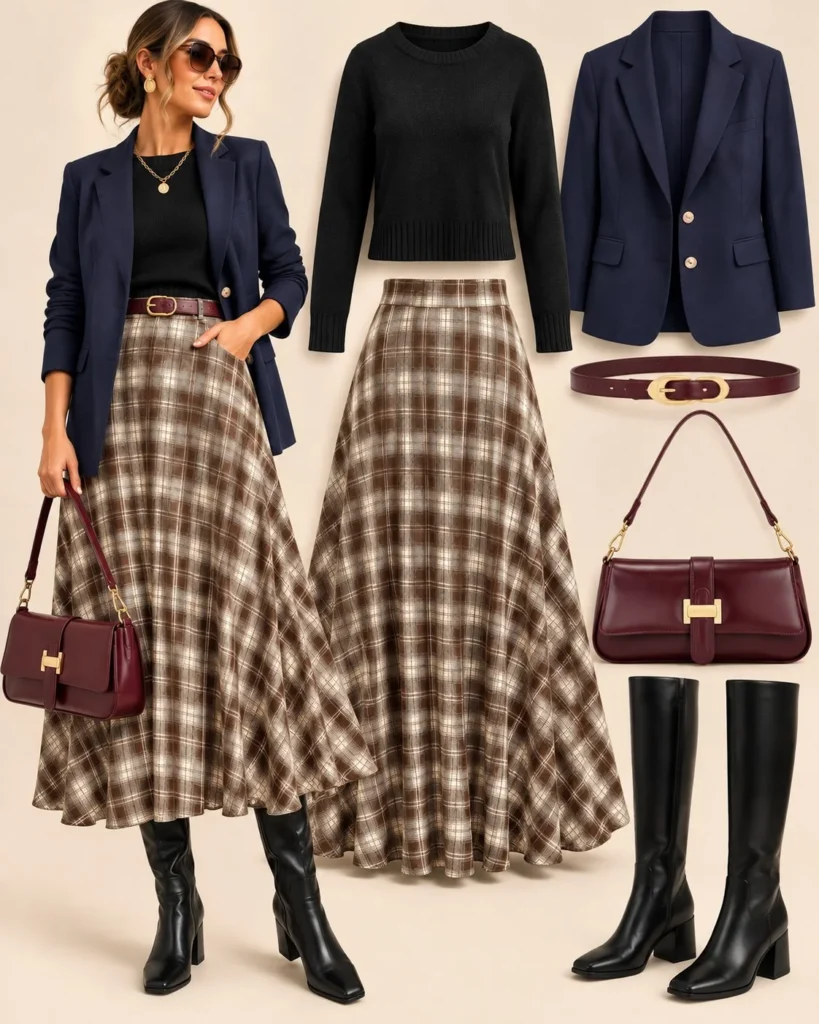 Plaid midi skirt with black fitted sweater, blazer, and knee-high boots for work