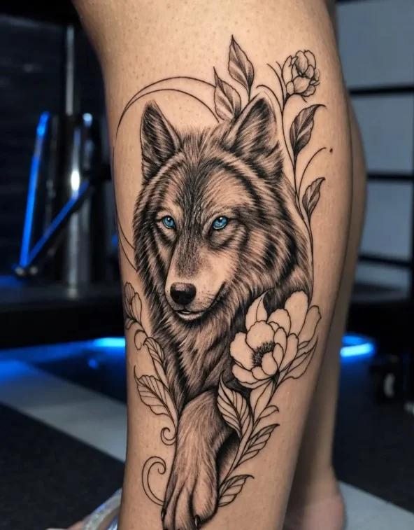 Realistic wolf half leg tattoo for women in detailed black and grey
