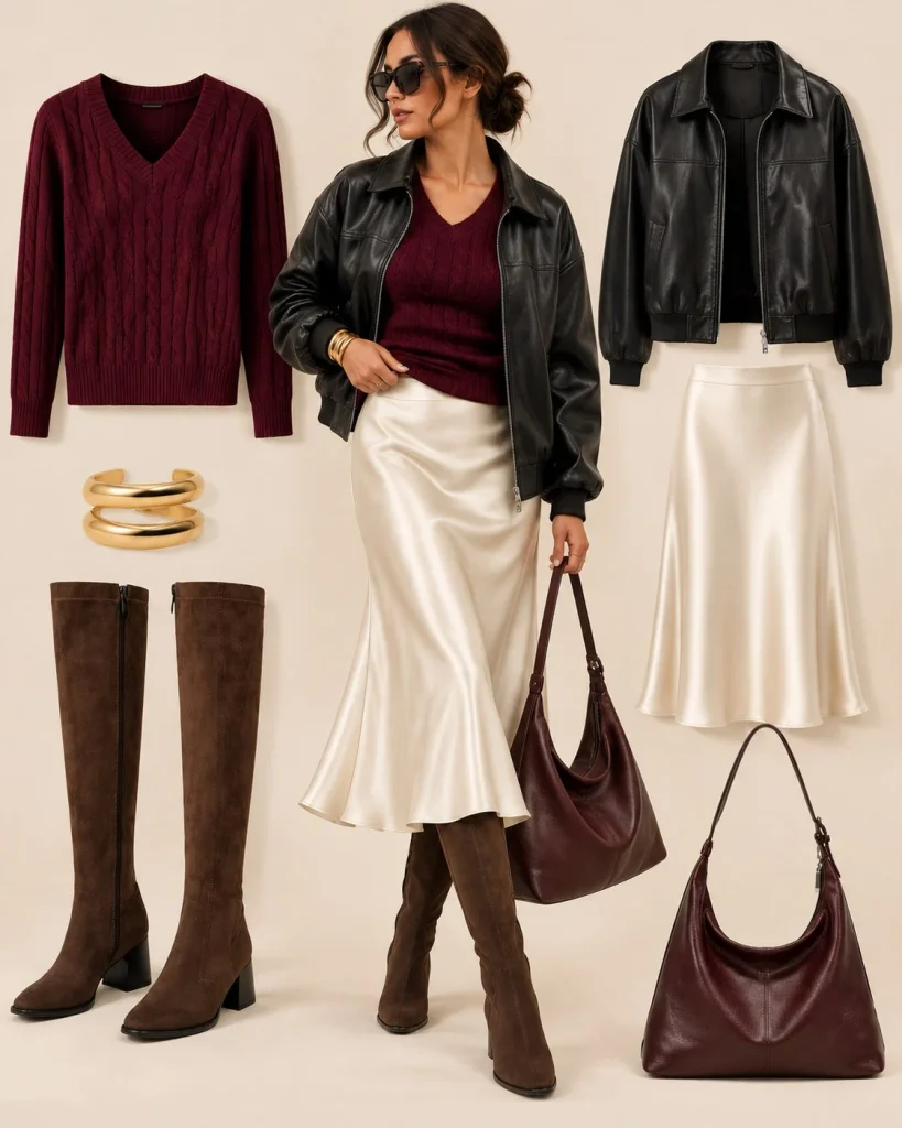 Satin midi skirt and fitted knit with dark brown knee high boots