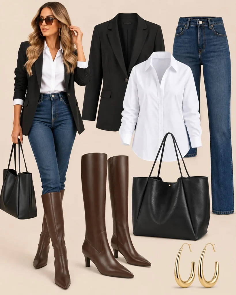 Dark brown knee high boots with straight-leg jeans and white button-down