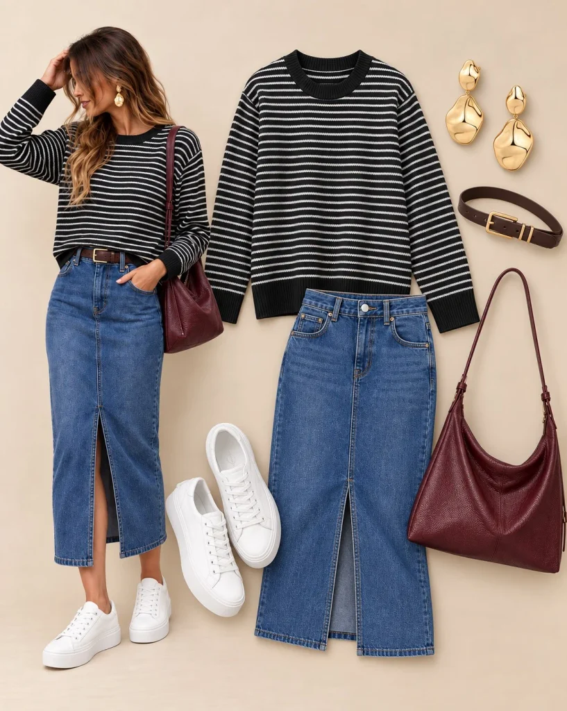 Woman wearing a striped sweater with a dark denim midi skirt and white sneakers
