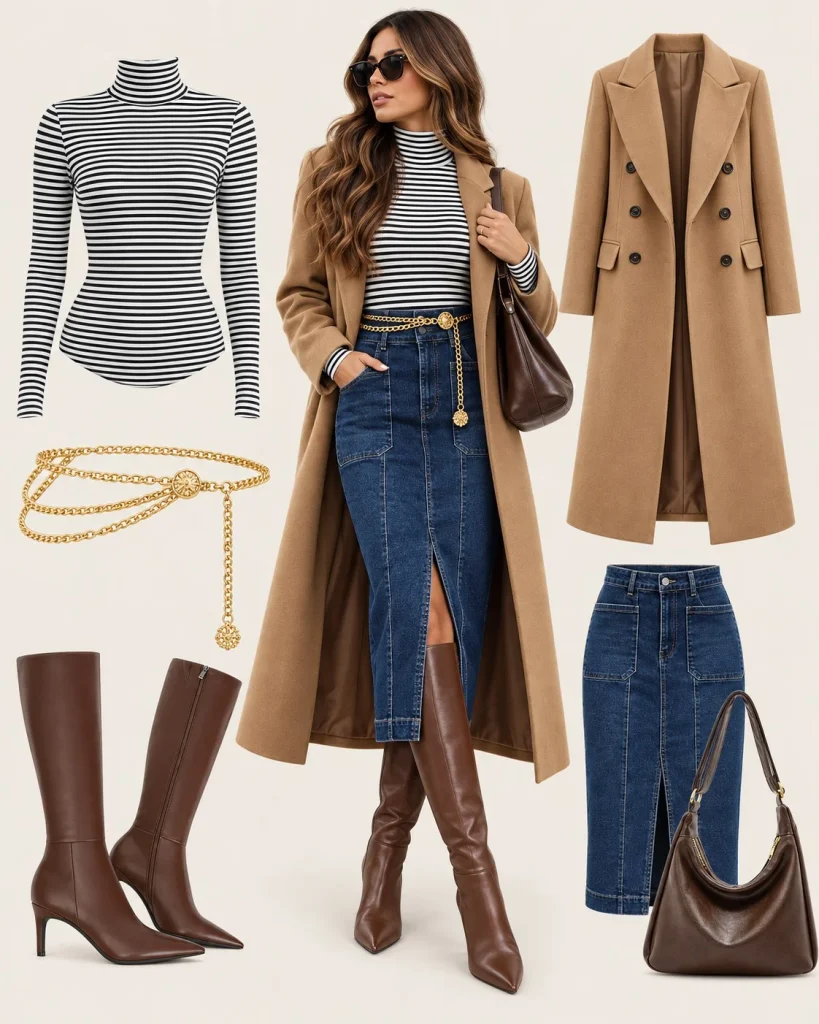 Striped turtleneck with a denim midi skirt and long coat for fall