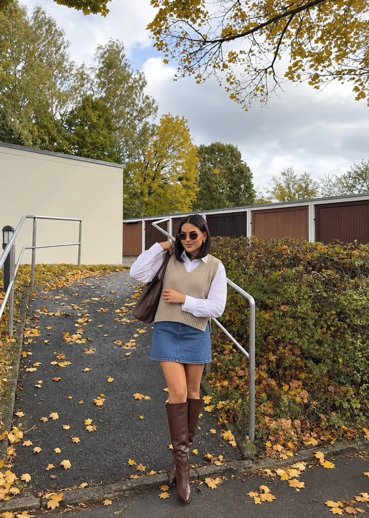 Sweater vest and button-down with a denim skirt and tall boots for fall