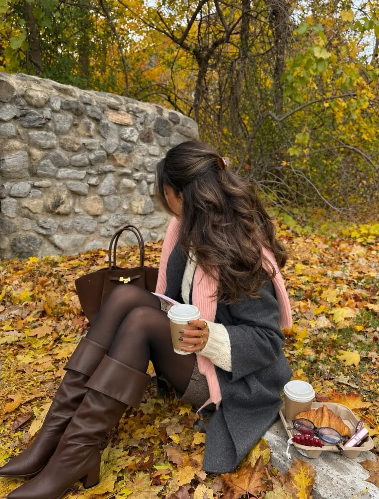 Woman wearing tailored shorts, tights, and brown fold over boots