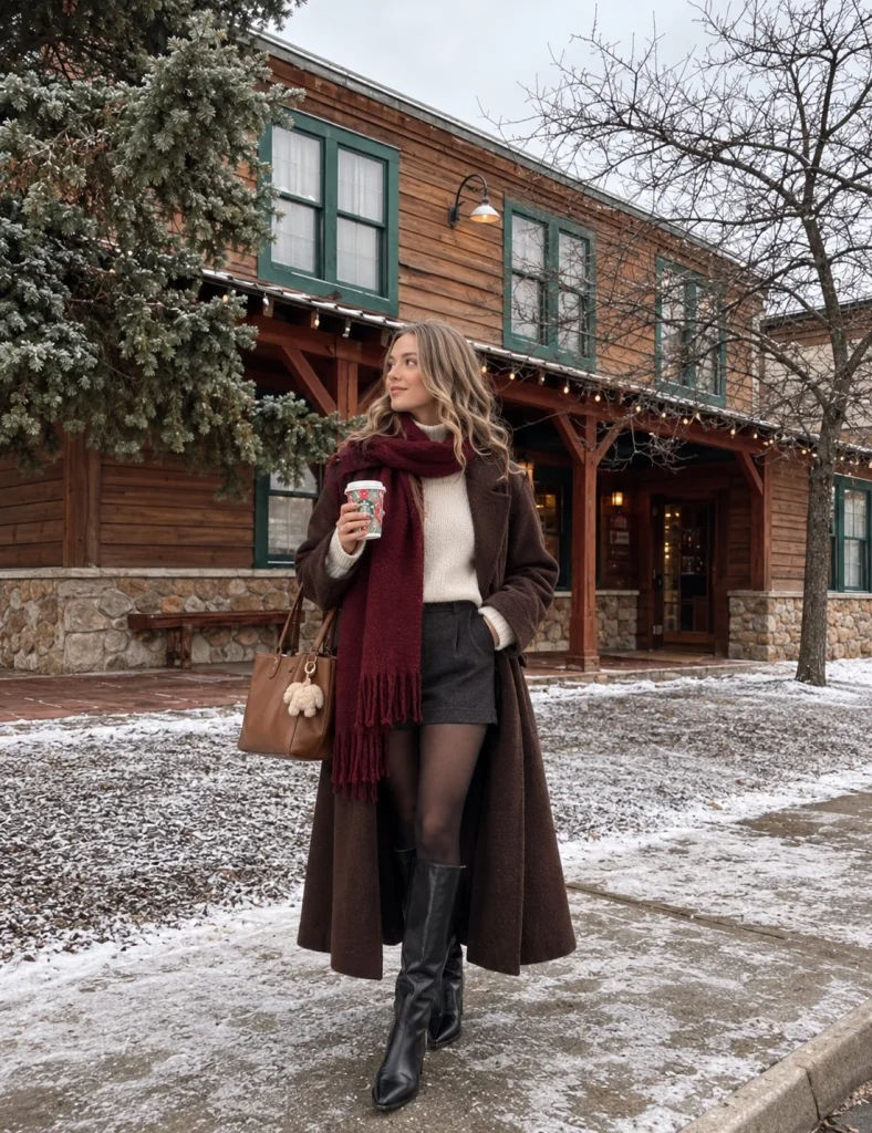 Woman wearing tailored shorts, black tights, and under knee boots