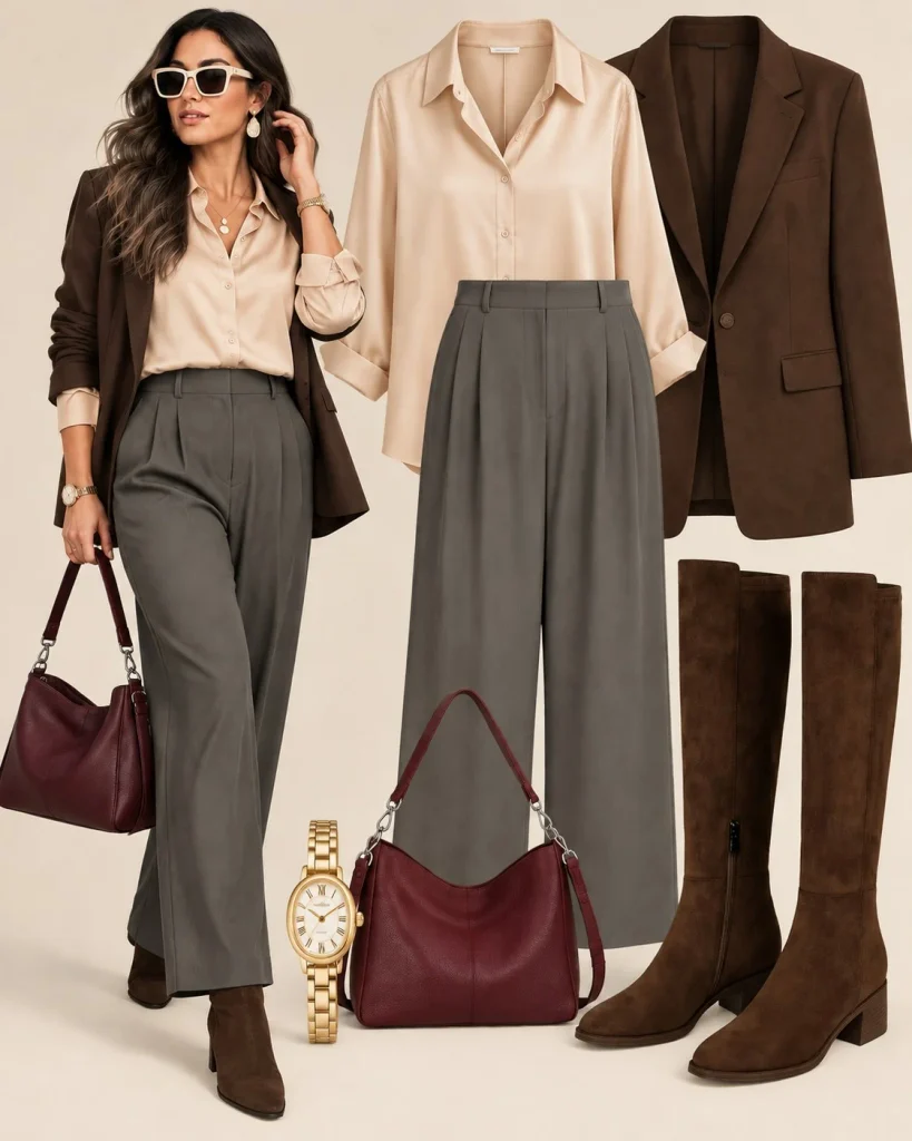 Tailored trousers and blazer with dark brown knee high boots