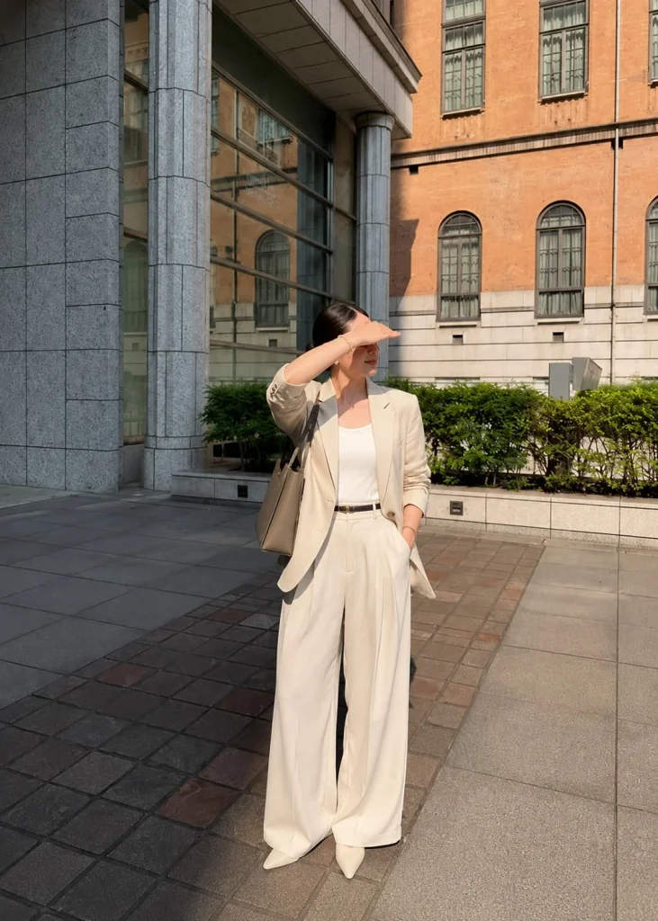 Elegant tennis bracelet outfit with a blazer and wide-leg tailored trousers