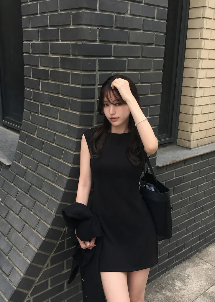 Elegant tennis bracelet outfit with a simple black long-sleeve dress