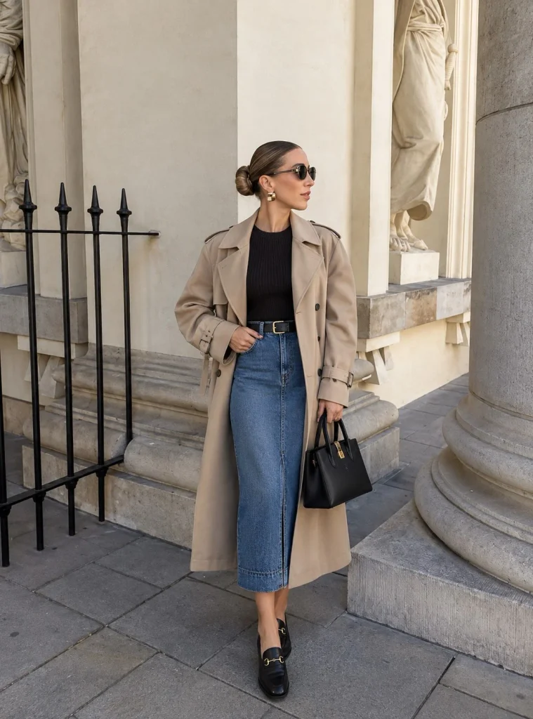 Trench coat with a fitted knit, denim midi skirt, and loafers for fall