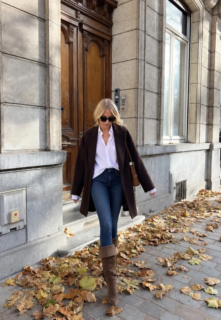 Woman wearing a white shirt, skinny jeans, and black foldover boots