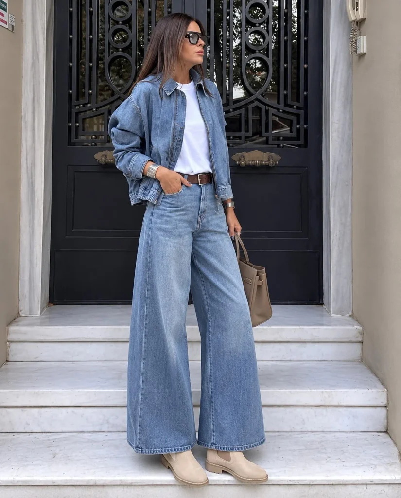 Woman wearing beige Chelsea boots with wide-leg jeans