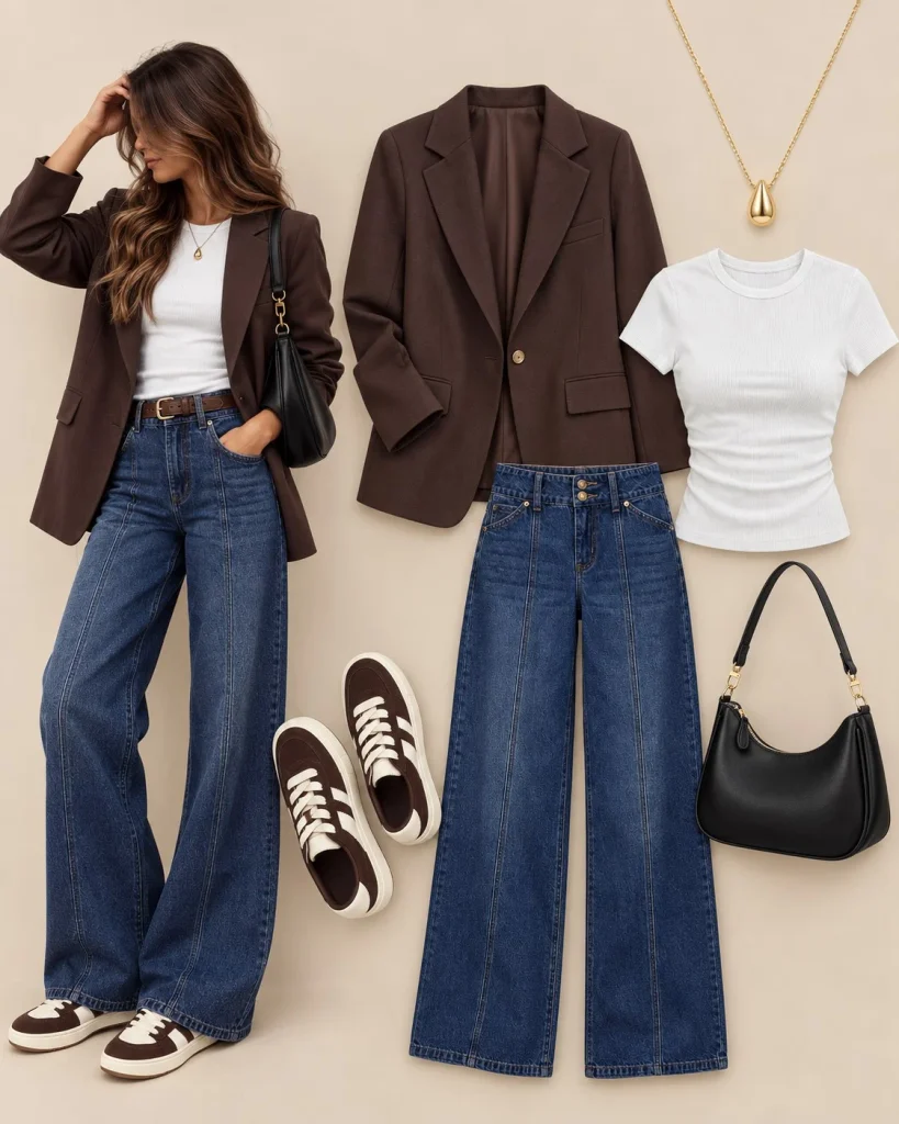 Woman wearing wide-leg jeans with a blazer, white T-shirt, and sneakers