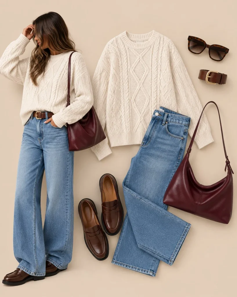 Woman wearing wide-leg jeans with a cream sweater and brown loafers for fall