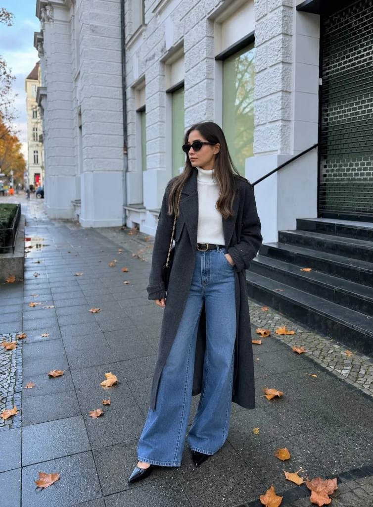 Woman wearing wide-leg jeans with a long cardigan and pointed flats