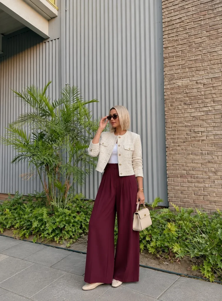 Woman wearing wide-leg trousers with a tweed jacket and ballet flats