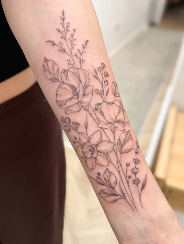 Wildflower bouquet forearm tattoo with multiple delicate flowers