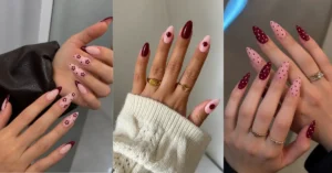 Burgundy and Pink Polka Dot Nails