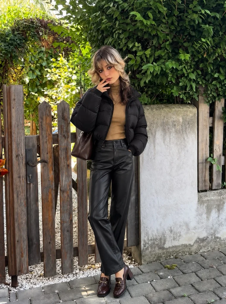 Black cropped puffer jacket with faux-leather straight-leg pants, camel turtleneck and brown heeled loafers