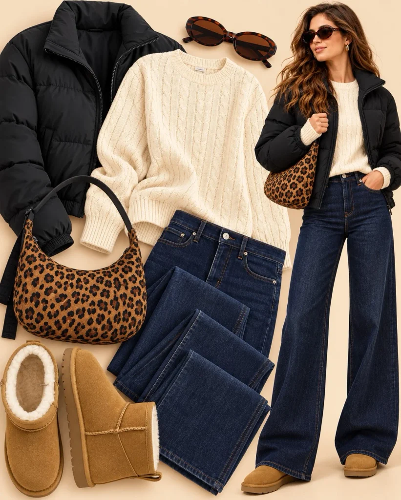Black cropped puffer jacket with wide-leg blue jeans, fitted ivory sweater and chestnut suede ankle boots