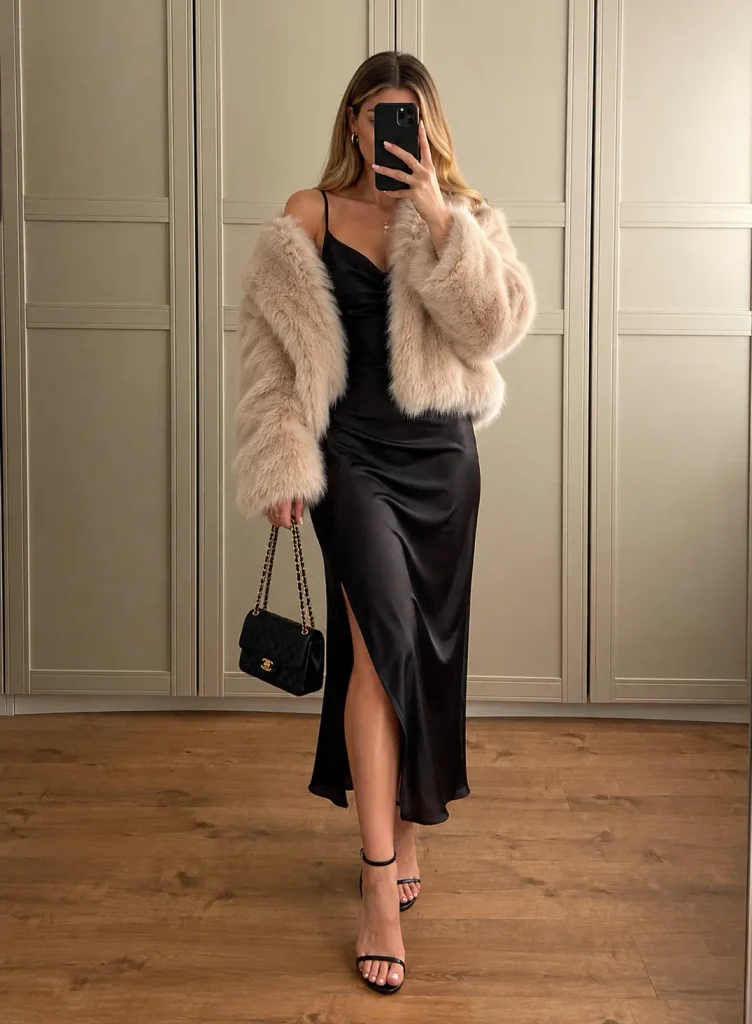 Elegant Christmas evening outfit with a black satin slip dress, faux fur jacket, and strappy heels