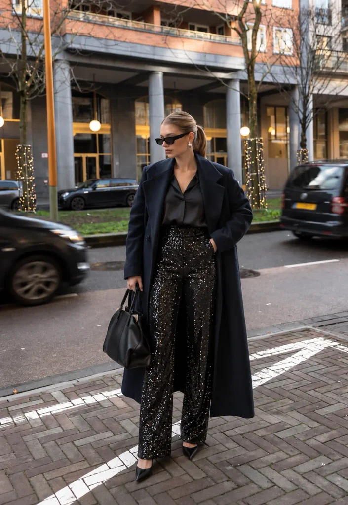 Glamorous Christmas party outfit featuring black sequin trousers, a satin top, and pointed-toe heels