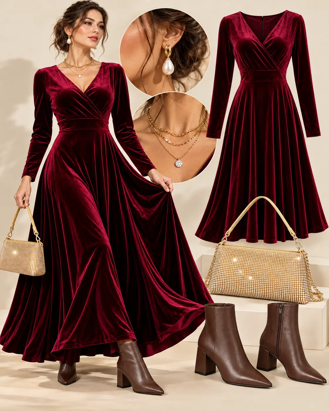 Elegant Christmas dinner outfit with a burgundy velvet midi dress and heeled ankle boots