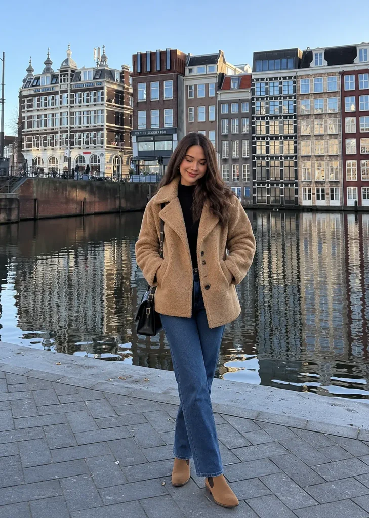 Casual winter outfit with a camel teddy coat, blue jeans, a cozy sweater, and suede Chelsea boots