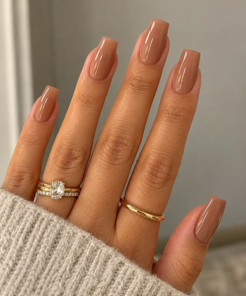 Glossy caramel nude acrylic nails in a warm beige-brown shade with a smooth finish.