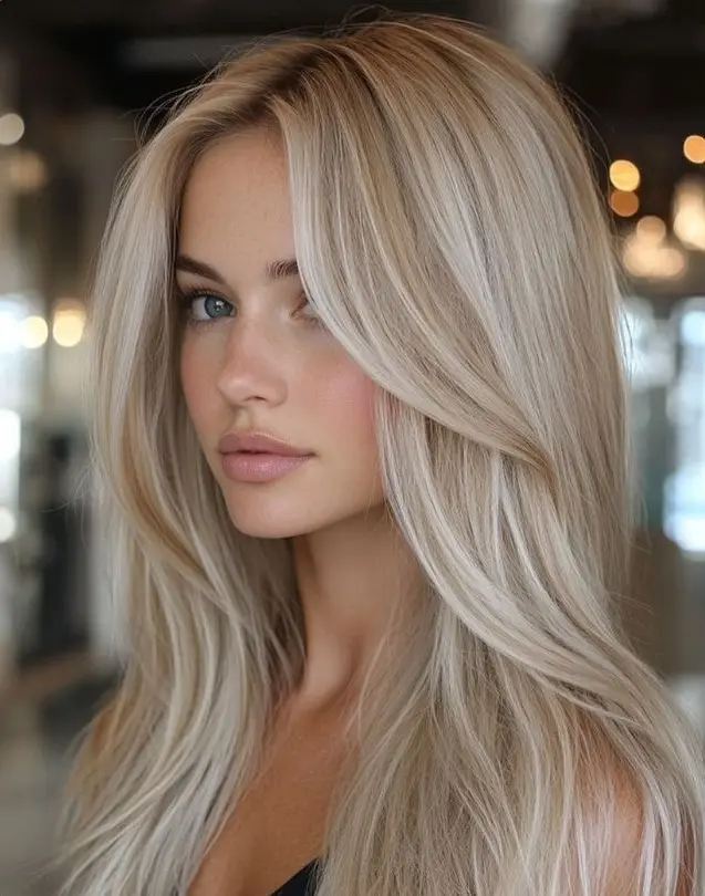 Champagne blonde hair with balanced beige and soft golden tones for pale skin and blue eyes