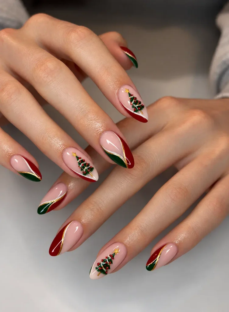 Christmas tree nail art on a nude base with tiny red ornaments and gold star toppers