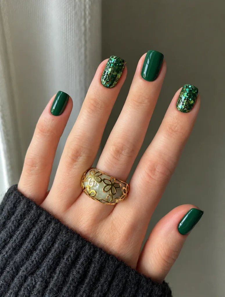 Chunky green glitter Christmas nails with large reflective glitter particles and bold festive sparkle
